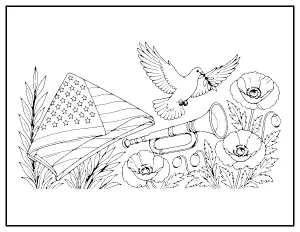 Folded Flags, Bugle and Dove Memorial Page coloring page – printable line art