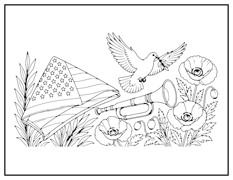 Folded Flags, Bugle and Dove Memorial Page coloring page – printable black and white line art