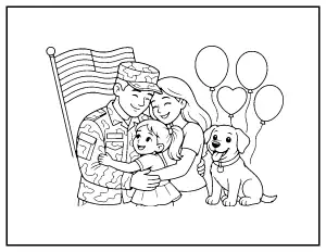 Military Homecoming with Family and Dog coloring page – printable line art