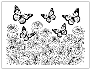 Monarch Butterflies over Marigolds coloring page – printable line art