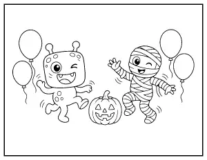 Monster and Mummy Halloween Party coloring page – printable line art