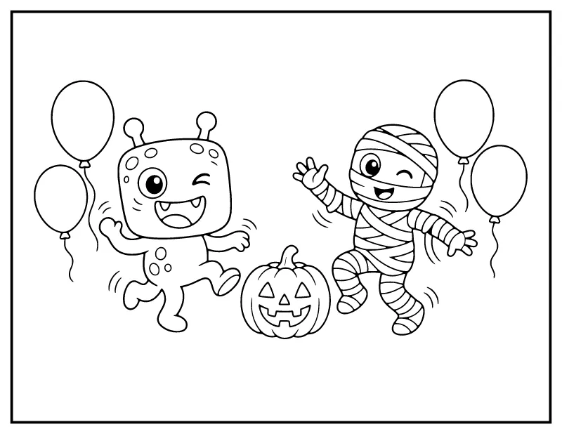 Monster and Mummy Halloween Party coloring page – printable black and white line art