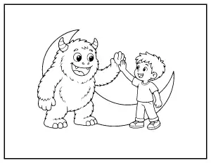 Monster Giving a Child a High Five coloring page – printable line art
