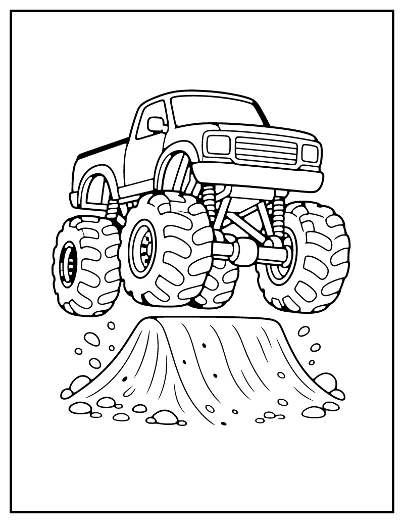 Monster Truck coloring page – printable black and white line art