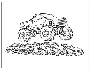 Monster Truck Crushing Cars coloring page – printable line art