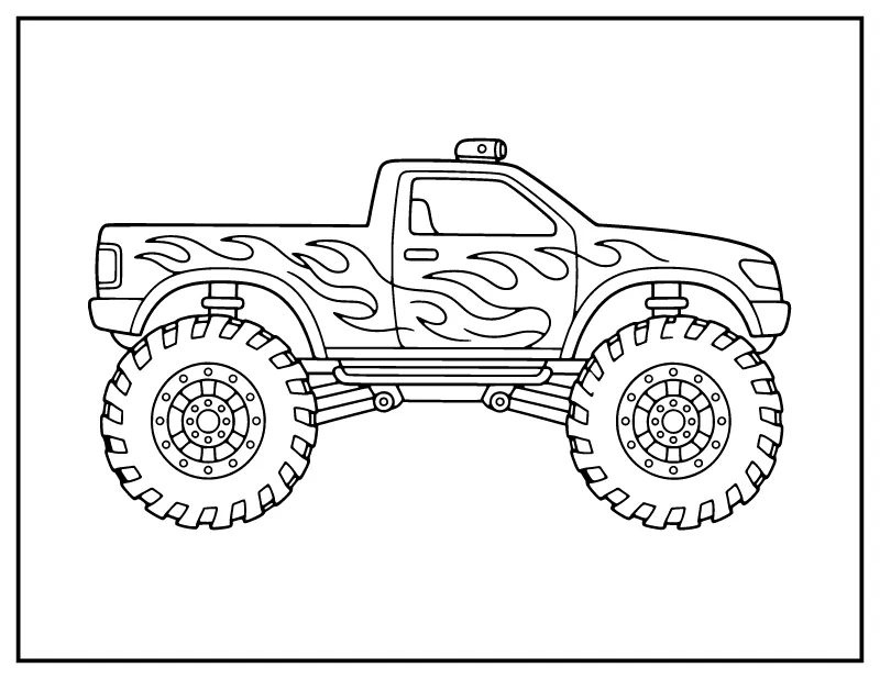 Monster Truck with Flames coloring page – printable black and white line art