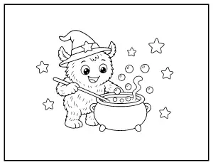 Little Monster Witch Stirring a Cauldron coloring page – printable line art