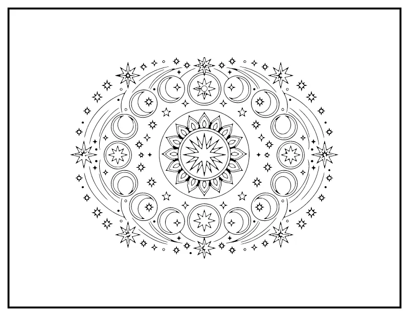 Moon Phase Mandala coloring page – printable black and white line art