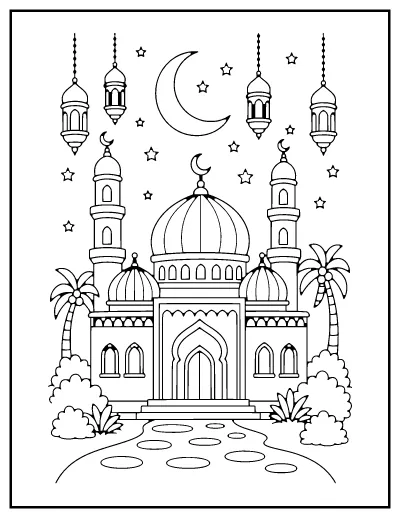 Mosque at Night coloring page – printable line art