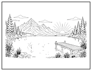 Mountain Lake at Dawn coloring page – printable line art