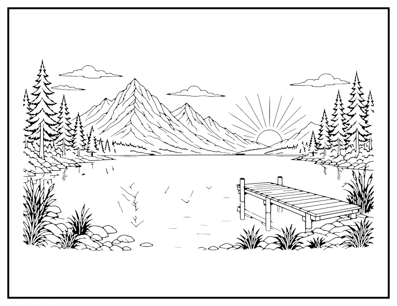 Mountain Lake at Dawn coloring page – printable black and white line art