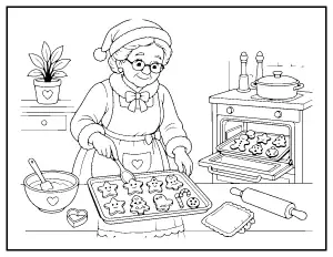 Mrs. Claus Baking Christmas Cookies coloring page – printable line art