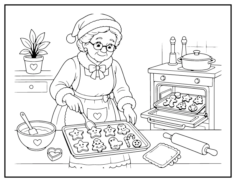 Mrs. Claus Baking Christmas Cookies coloring page – printable black and white line art