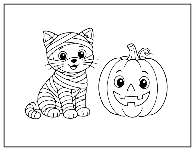 Kitten Wrapped as a Mummy with a Pumpkin coloring page – printable black and white line art
