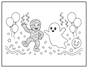 Mummy and Ghost Dance Party coloring page – printable line art