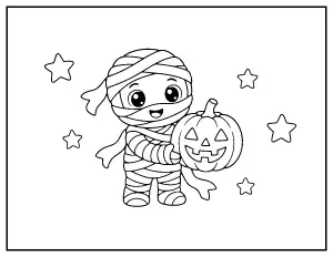 Mummy Holding a Jack-o-Lantern coloring page – printable line art