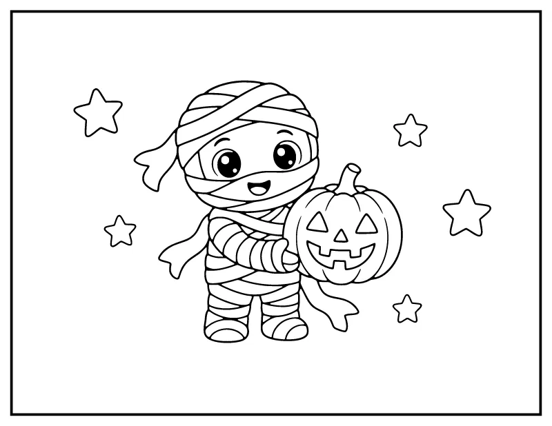 Mummy Holding a Jack-o-Lantern coloring page – printable black and white line art