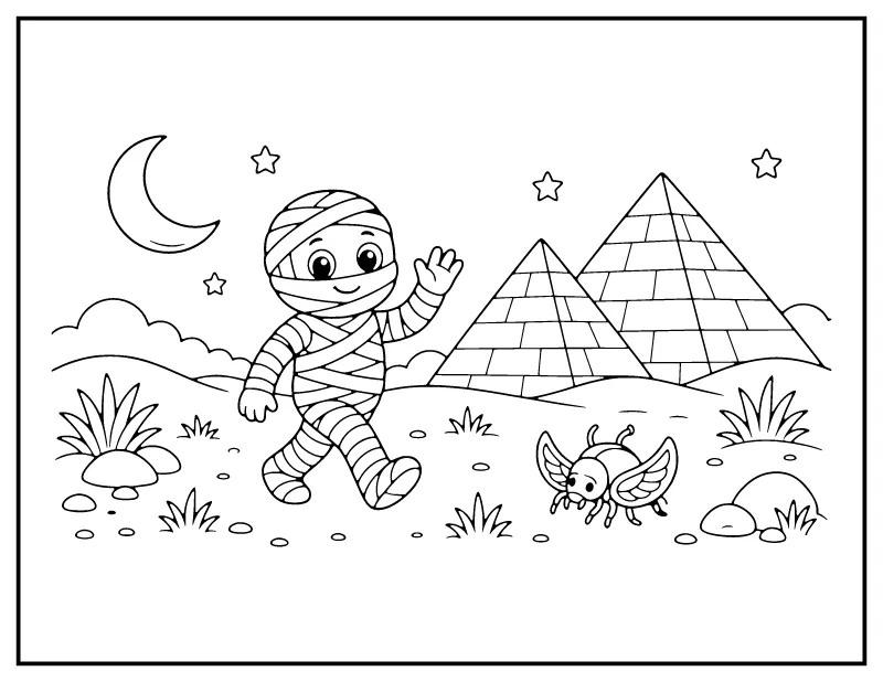 Mummy Walking by the Pyramids at Night coloring page – printable black and white line art