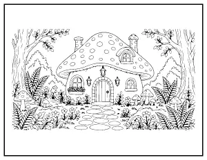 Mushroom Cottage in the Woods coloring page – printable line art