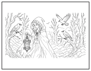 Mysterious Witch in the Dark Forest coloring page – printable line art