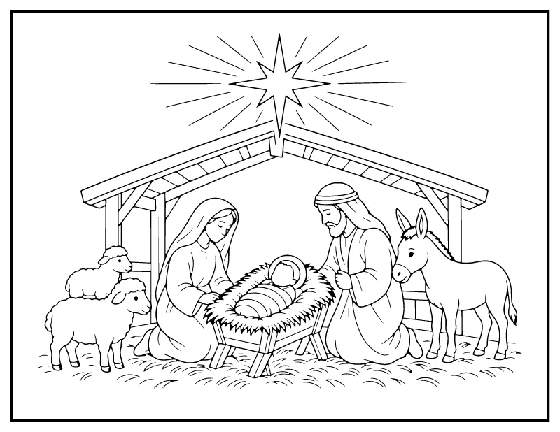 Nativity Scene in the Stable coloring page – printable black and white line art