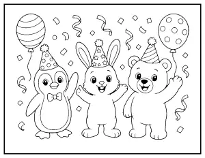 New Year Party Animals coloring page – printable line art