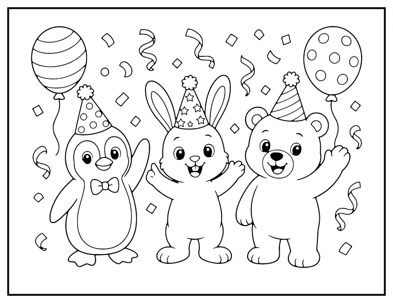 New Year Party Animals coloring page – printable black and white line art