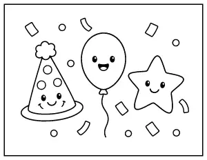 Easy New Year Party Hat, Balloon and Star coloring page – printable line art