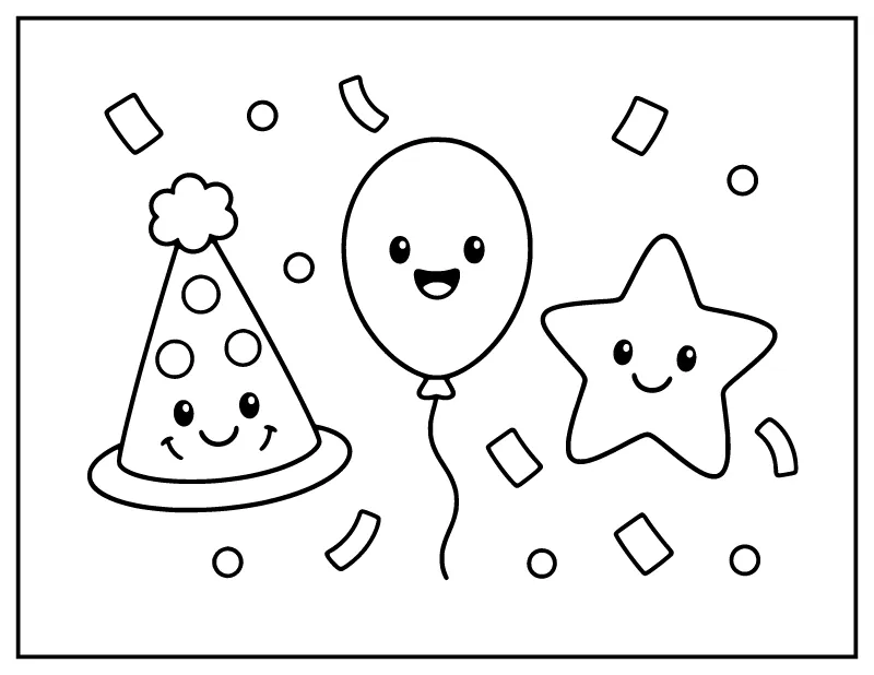 Easy New Year Party Hat, Balloon and Star coloring page – printable black and white line art
