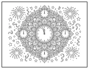 New Year Clock Mandala coloring page – printable line art