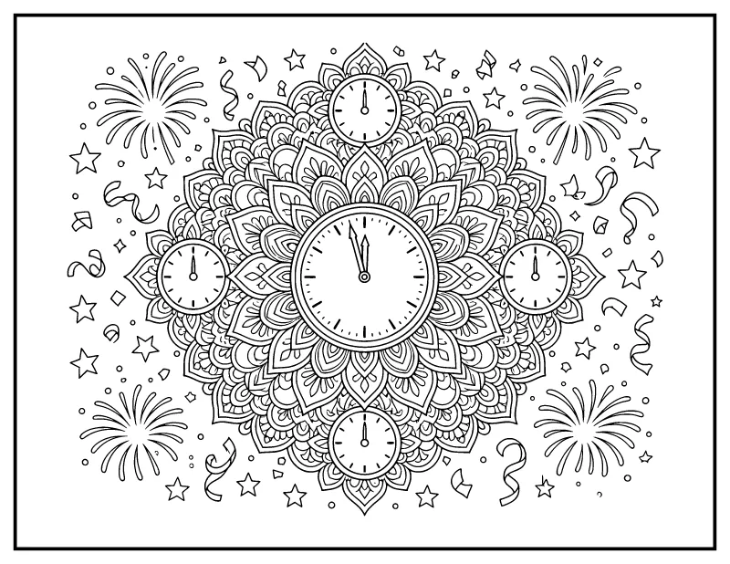 New Year Clock Mandala coloring page – printable black and white line art