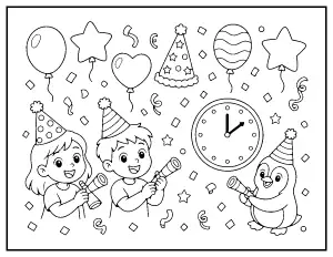 New Year's Eve Kids Party coloring page – printable line art