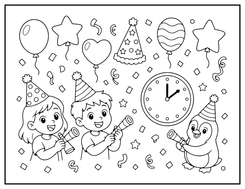 New Year's Eve Kids Party coloring page – printable black and white line art