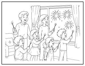 New Year's Eve Family Countdown with Sparklers coloring page – printable line art