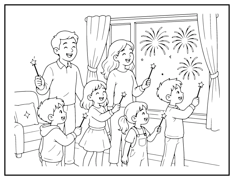 New Year's Eve Family Countdown with Sparklers coloring page – printable black and white line art
