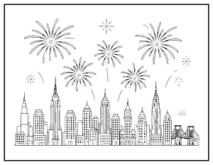 New Year Fireworks over a City Skyline coloring page – printable line art