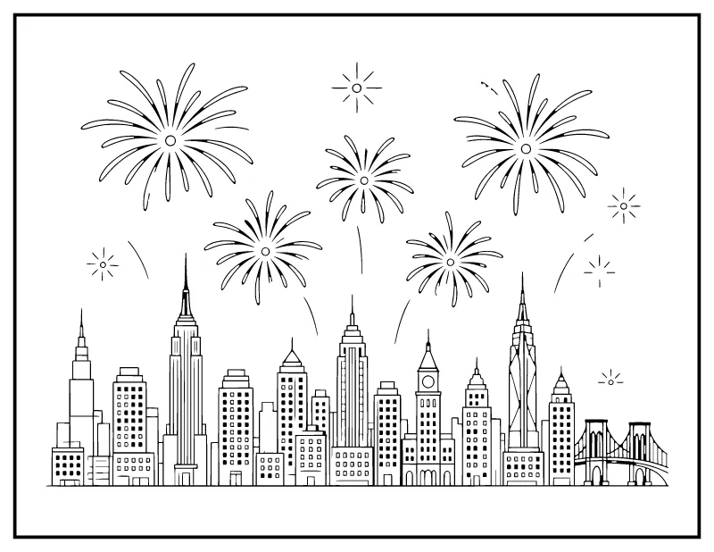New Year Fireworks over a City Skyline coloring page – printable black and white line art