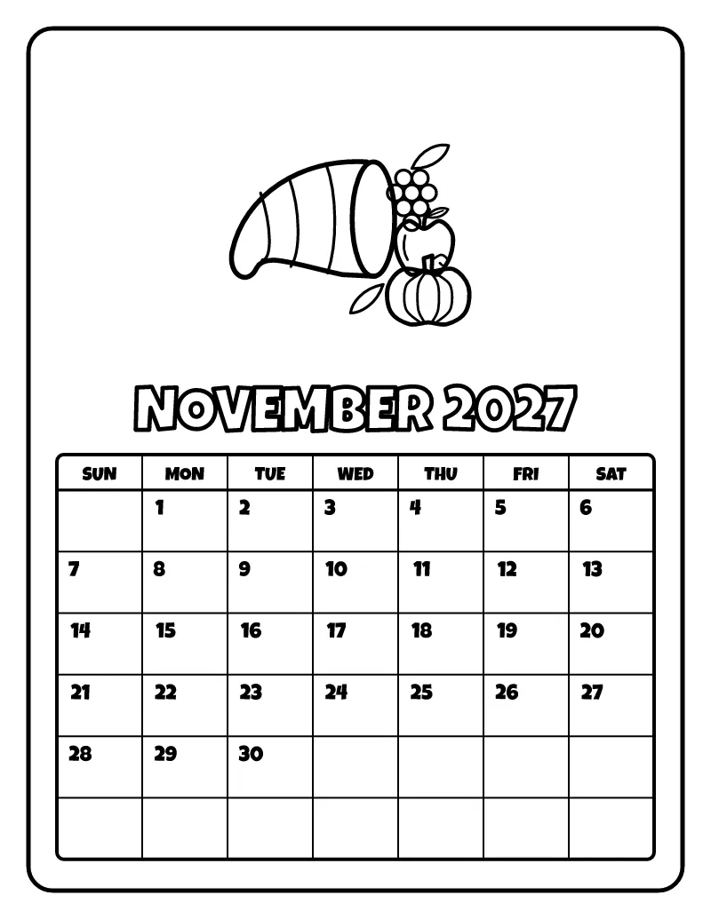 November 2027 Calendar coloring page – printable black and white line art
