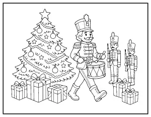 Nutcracker Drummer and Toy Soldiers coloring page – printable line art