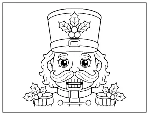 Nutcracker Face with Holly Hat coloring page – printable line art