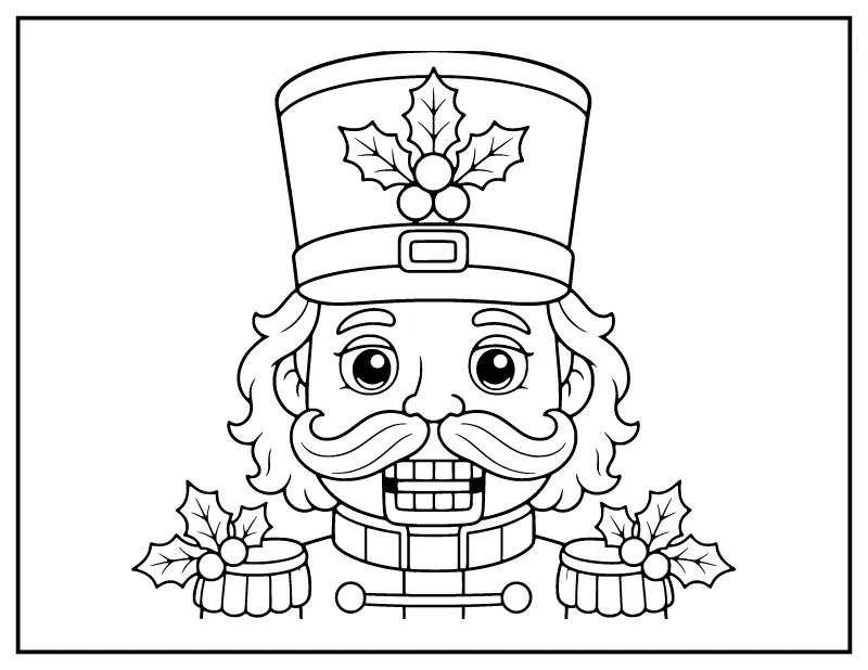 Nutcracker Face with Holly Hat coloring page – printable black and white line art