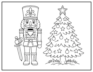 Nutcracker Soldier by the Christmas Tree coloring page – printable line art