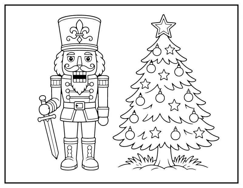 Nutcracker Soldier by the Christmas Tree coloring page – printable black and white line art