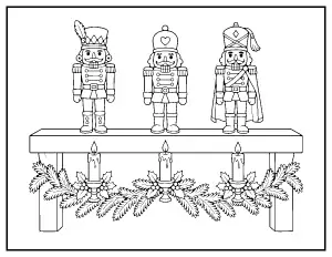 Nutcrackers on the Mantel with Candles coloring page – printable line art