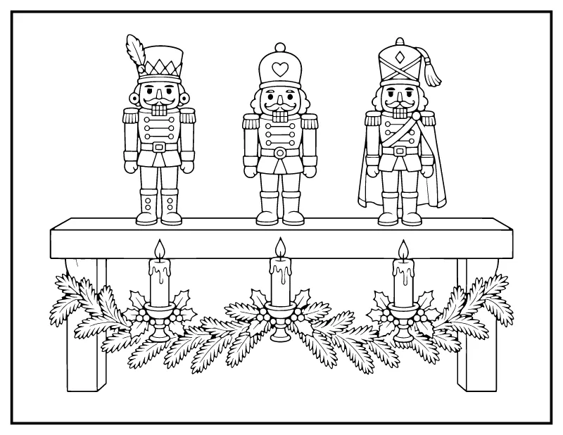Nutcrackers on the Mantel with Candles coloring page – printable black and white line art