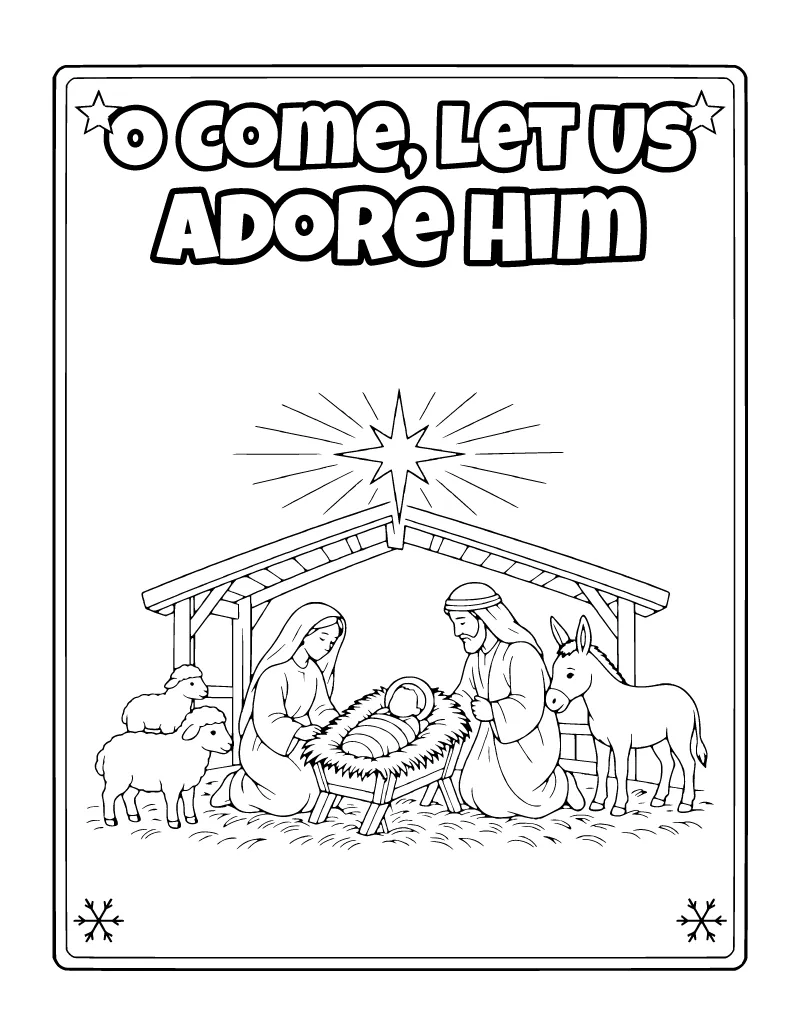 O Come, Let Us Adore Him Coloring Poster coloring page – printable black and white line art