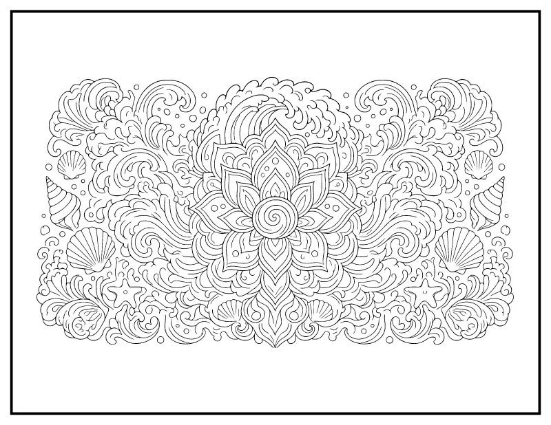 Ocean Wave Mandala coloring page – printable black and white line art