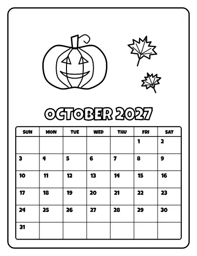 October 2027 Calendar coloring page – printable line art