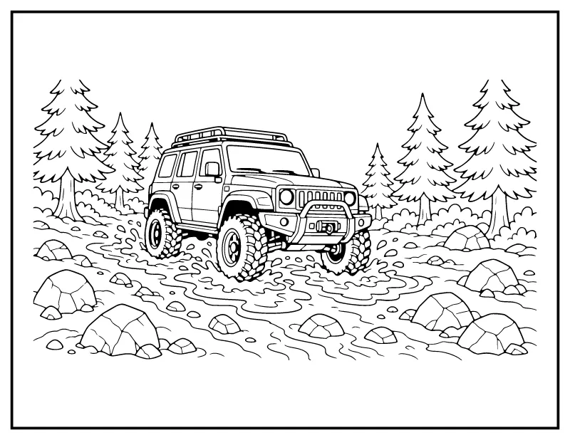 Off-Road SUV in the Mud coloring page – printable black and white line art