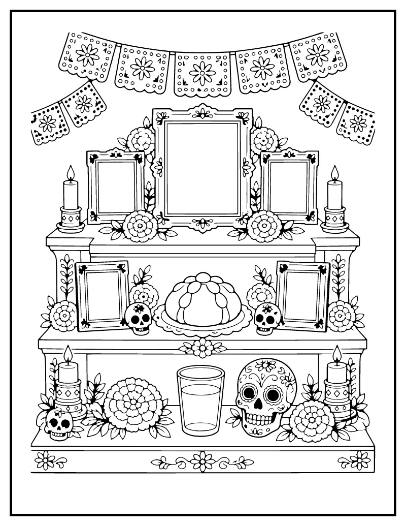 Ofrenda Altar coloring page – printable black and white line art